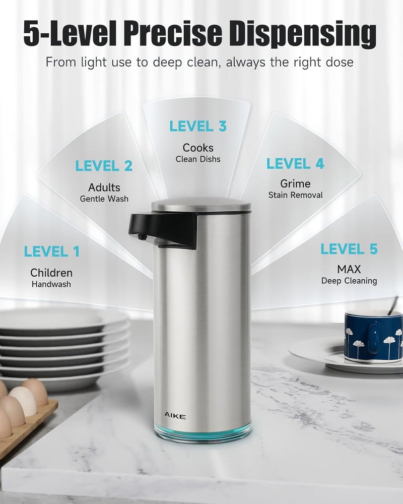 AIKE SensePro Automatic Soap Dispenser Type-C Rechargeable, Brushed Stainless Steel Finish 12.8 fl.oz. for Liquid Soap - Image 5